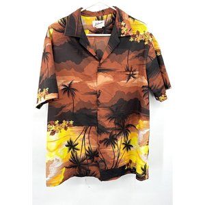Helena's Hawaiian Shirt Size XL Brown Polyester Palms Tropical Button Up Vintage